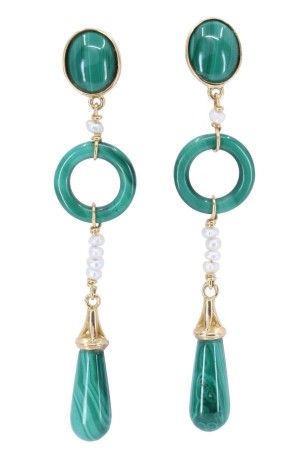 BOUCLES D'OREILLES PENDANTES MALACHITE ET PERLES