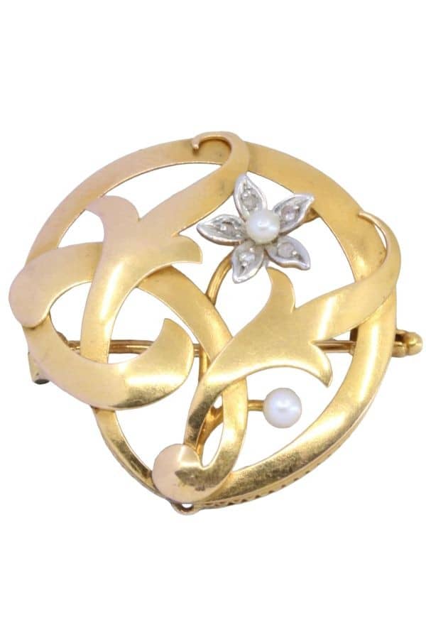 BROCHE ANCIENNE FLEUR ET PERLES, photo 2 sur 3