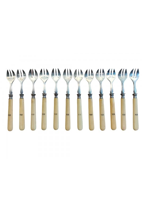 12 Fourchettes A Huitre Argent et Ivoire