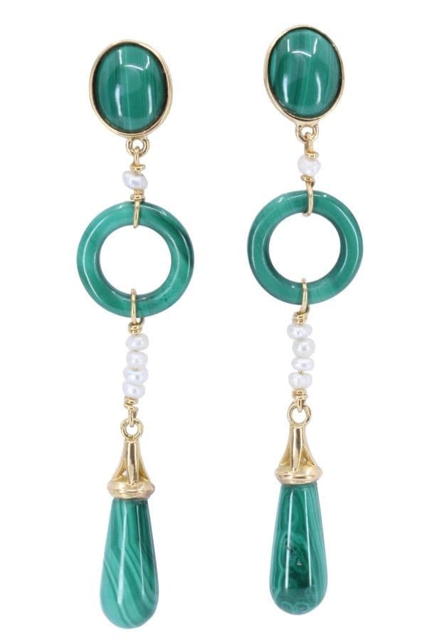 Boucles d'Oreilles Pendantes Malachite et Perles