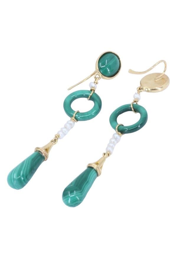 Boucles d'Oreilles Pendantes Malachite et Perles - photo 3