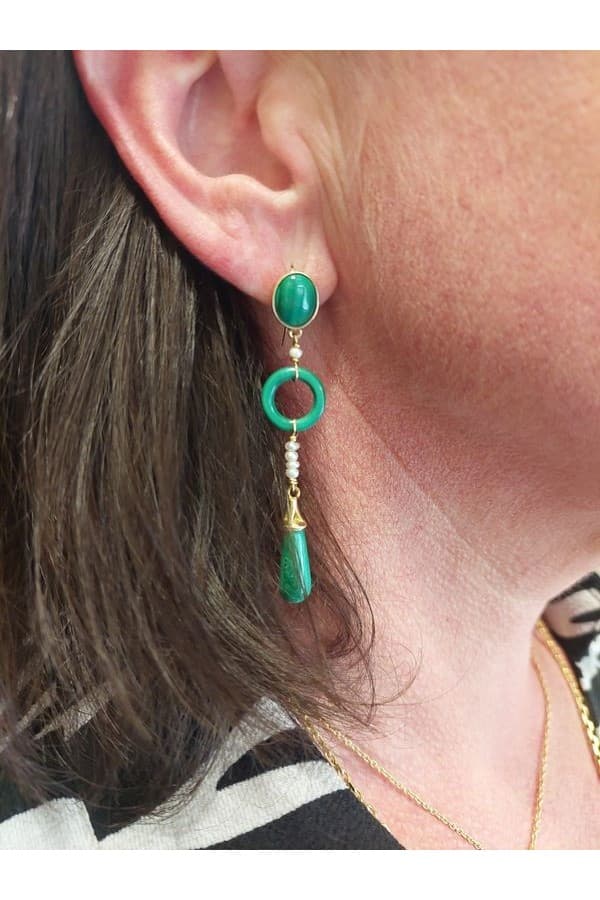 Boucles d'Oreilles Pendantes Malachite et Perles - photo 2