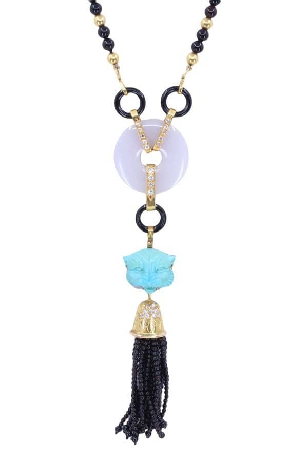 COLLIER ANCIEN TÊTE DE LION ONYX, TURQUOISE ET DIAMANTS, photo 2 sur 3