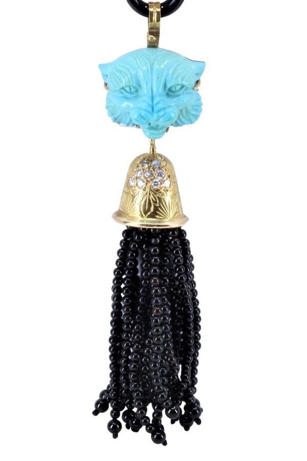Collier Ancien Tête de Lion Onyx, Turquoise et Diamants - photo 3