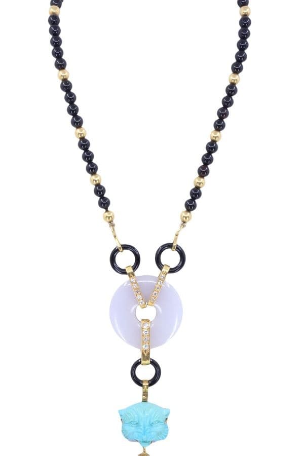 Collier Ancien Tête de Lion Onyx, Turquoise et Diamants - photo 4