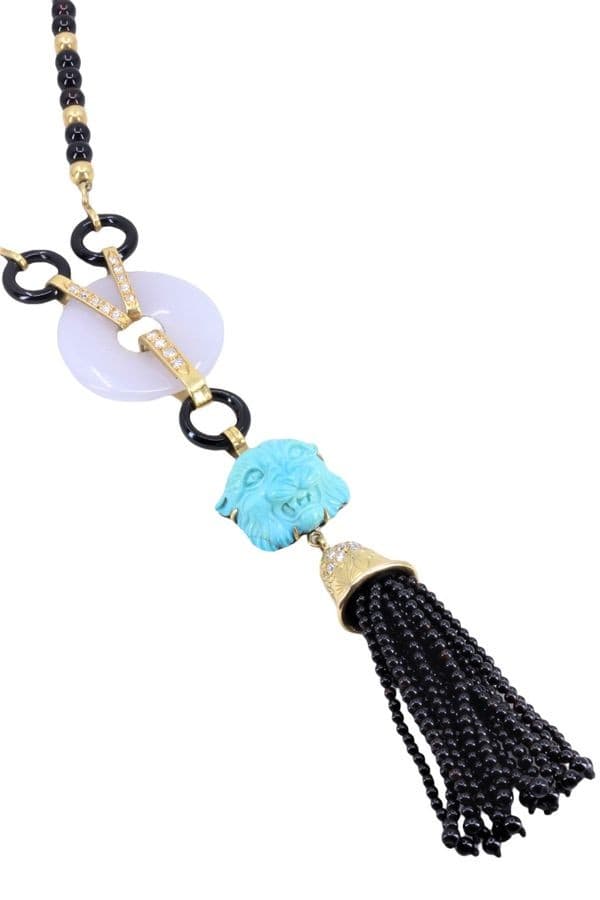Collier Ancien Tête de Lion Onyx, Turquoise et Diamants - photo 5