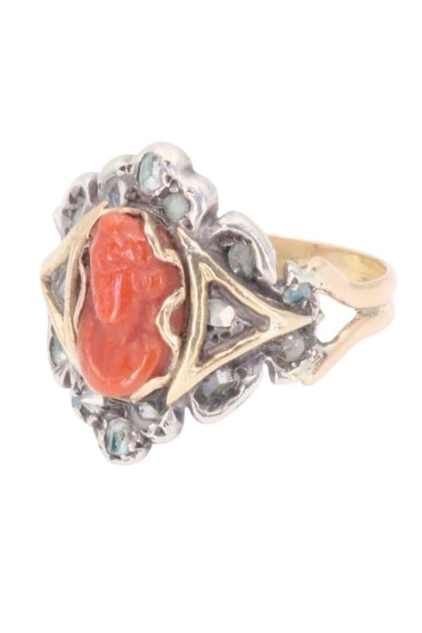 Bague Ancienne Camée Corail et Diamants - photo 4