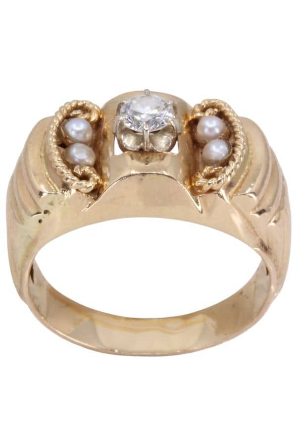BAGUE ANCIENNE DIAMANT ET PERLES, photo 2 sur 3