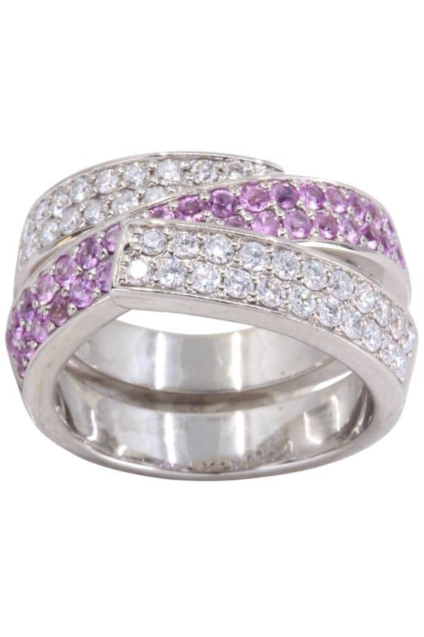 BAGUE RUBAN SAPHIRS ROSES ET DIAMANTS, photo 2 sur 3