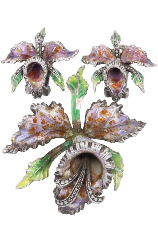 Parure Broche & Bo Émaillée Art-Nouveau